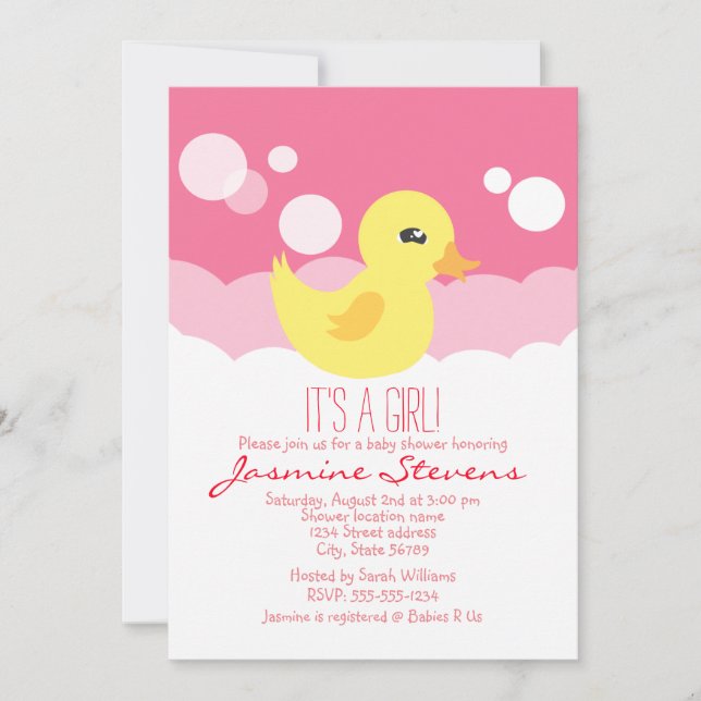 Cute Girl Rubber Ducky Baby Shower Inbjudningar (Framsida)