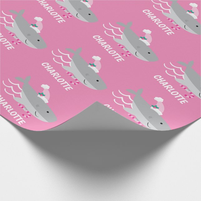 Cute Girl Santa Shark with Namn Wrapping Papper Presentpapper (Hörn)