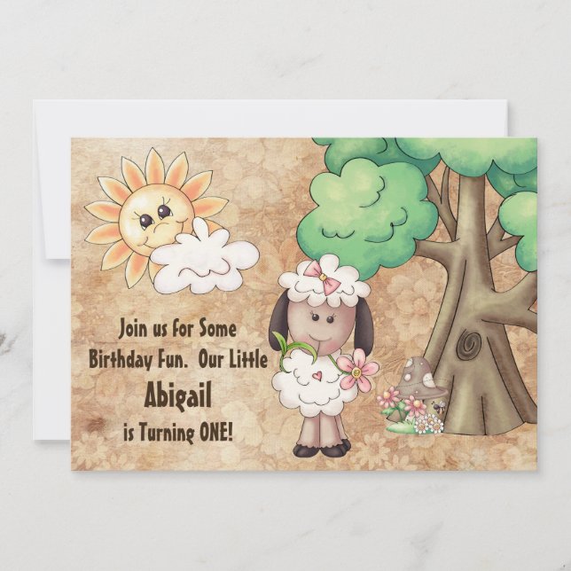Cute Girl Sheep and Flowers 1st Birthday Inbjudan (Framsida)