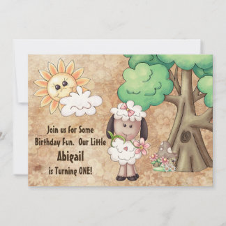 Cute Girl Sheep and Flowers 1st Birthday Inbjudan