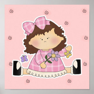 Cute Girl Sitta med blommor och fjärilar Poster