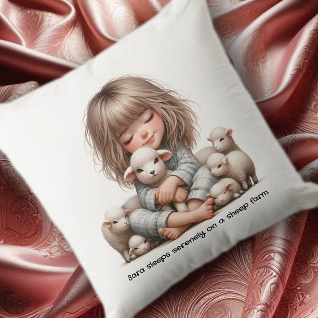 Cute Girl Sleeping på en fårfarm Kudde (Cute Girl Cuddles Sheep in Her Sleep Throw Pillow Cover Photo)