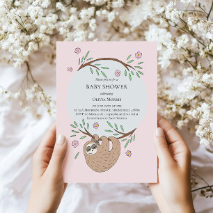 Cute Girl Sleeping Sloth and Namn Baby Shower Inbjudningar