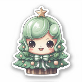 Cute Girl Smiling Grönt Kawaii Julgran Klistermärken