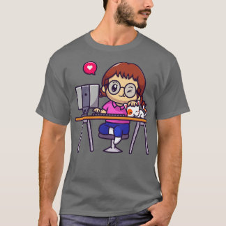 Cute Girl som arbetar med dator med katt-Tecknad T Shirt