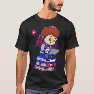 Cute Girl spelar bärbar dator på Bok Tecknad T Shirt