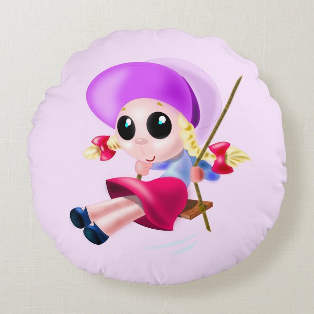 Cute Girl SwingRound Pillow Rund Kudde (Framsidan)