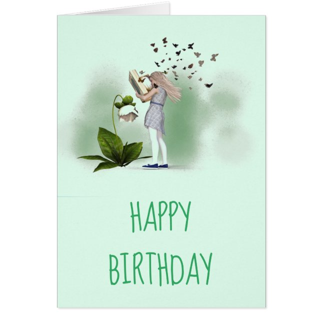 Cute girl tecknad bok älskare bokmask födelsedag hälsningskort (Framsidan)