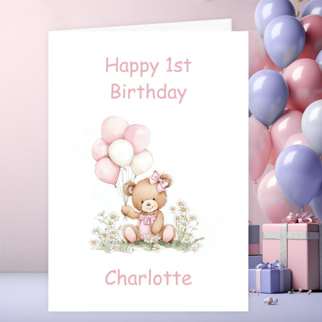 Cute Girl Teddy Bear 1st Birthday Kort (Skapare uppladdad)