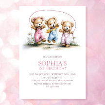 Cute Girl Teddy Bears 1st Birthday Party