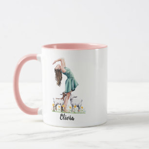 Cute Girl tränar med Goat, Watercolor Mugg
