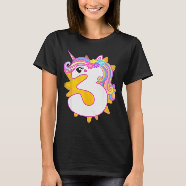 Cute Girl Unicorn 3rd Birthday Party Three Years O T Shirt (Framsida)