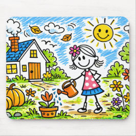 Cute Girl Watering Flowers Mouse Pad Musmatta