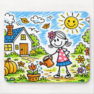 Cute Girl Watering Flowers Mouse Pad Musmatta