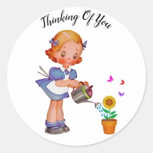 Cute Girl Wating Solros Thinking of You Runt Klistermärke