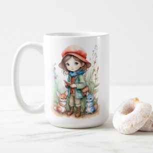 Cute Girl with Animal Friends in Skogen Kaffemugg