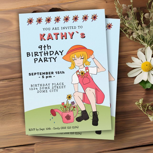 Cute  Girl with Flowers Birthday Inbjudningar (Skapare uppladdad)