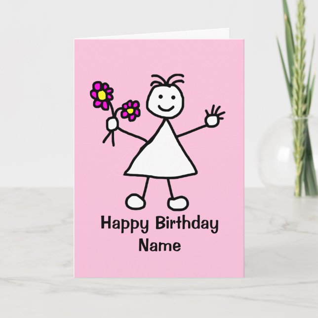 Cute Girl with Flowers Birthday Kort (Framsida)