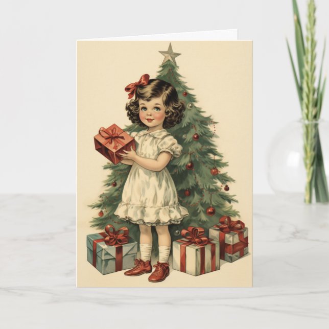 Cute Girl with Gifts Mid Century Stil jul Kort (Framsida)