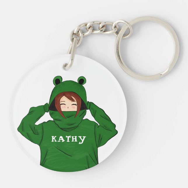 Cute Girl with Grönt Frog Hoody Teckning Keychain (Baksidan)