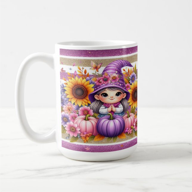 Cute Girl with Hat with Colorful Flowers, Pumpkins Kaffemugg (Vänster)
