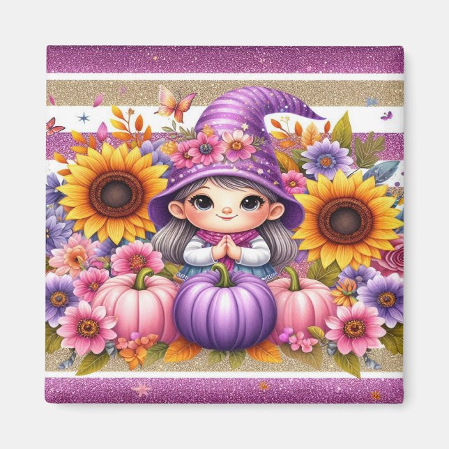 Cute Girl with Hat with Colorful Flowers, Pumpkins Magnet (Framsidan)