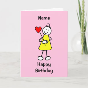 Cute Girl with Heart Tecknad Birthday Kort