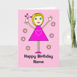 Cute Girl with Hearts Rosa Tecknad Birgday Kort