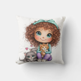 Cute Girl with Kittens Kawaii Cozy Art Kudde