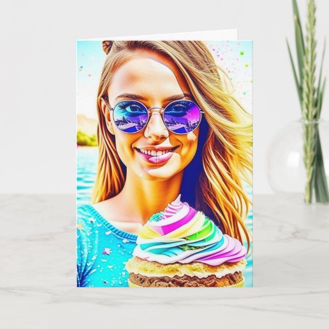 Cute Girl with Sunglasses Holding Cupkaka Birthday Kort (Framsida)