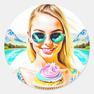 Cute Girl with Sunglasses Holding Cupkaka Birthday Runt Klistermärke
