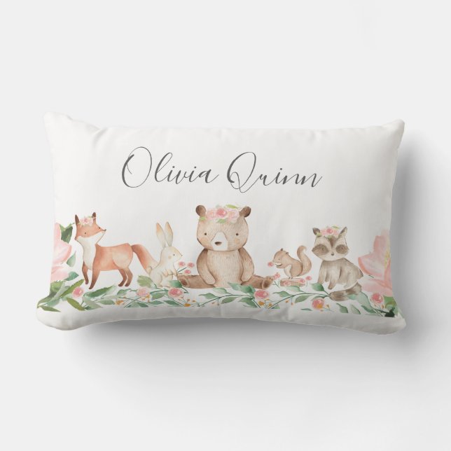 Cute Girl Woodland Animals Rosa Baby Lumbarkudde (Framsida)