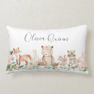 Cute Girl Woodland Animals Rosa Baby Lumbarkudde