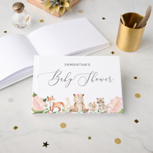 Cute Girl Woodland Animals Rosa Baby Shower Gästböcker