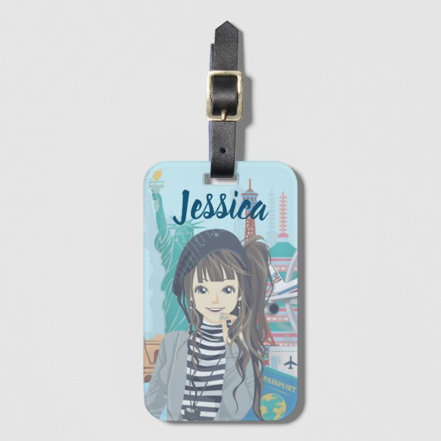 Cute Girl World Travel Illustrated Personlig Bagagebricka (Framsida vertikal)