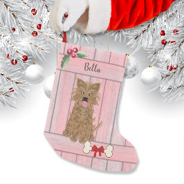 Cute Girl Yorkie Rosa Wooden Fence Monogram Liten Julstrumpa
