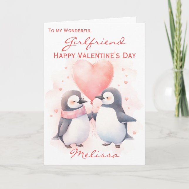 Cute Girlkompis Penguin Balloon Valentindagen Kort (Framsida)