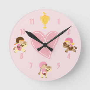 Cute Girls and Ponies with English Tack Rosa Horse Rund Klocka
