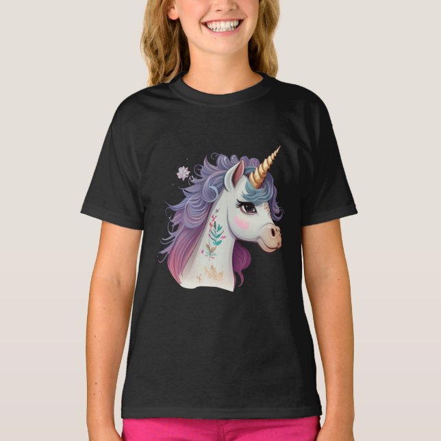 Cute Girls Black Elegant Lila Magic Unicorn T Shirt (Framsida)