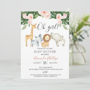 Cute Girls Blommigt Safari Animals Baby Shower Inbjudningar