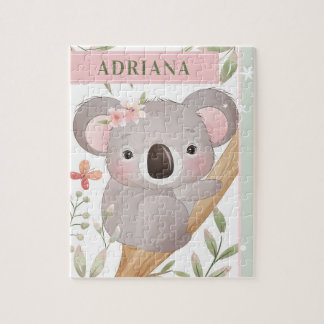Cute Girl's Custom Name Koala Bear Rosa & Grönt Pussel
