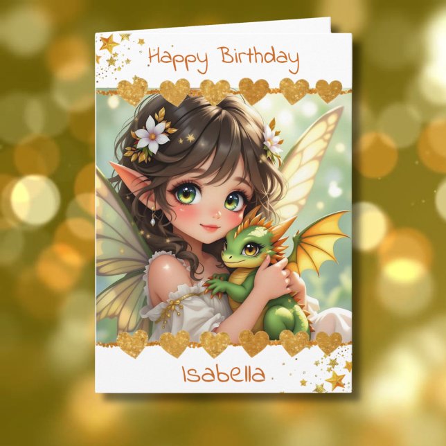 Cute Girl's Fairy and Dragon Themed Birthday Kort (Skapare uppladdad)