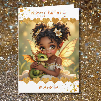 Cute Girl's Fairy and Dragon Themed Birthday Kort