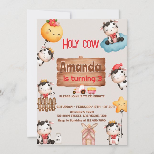 Cute Girls Heliga Kow och Cow-skrivarfödelsedag Inbjudningar (Framsida)