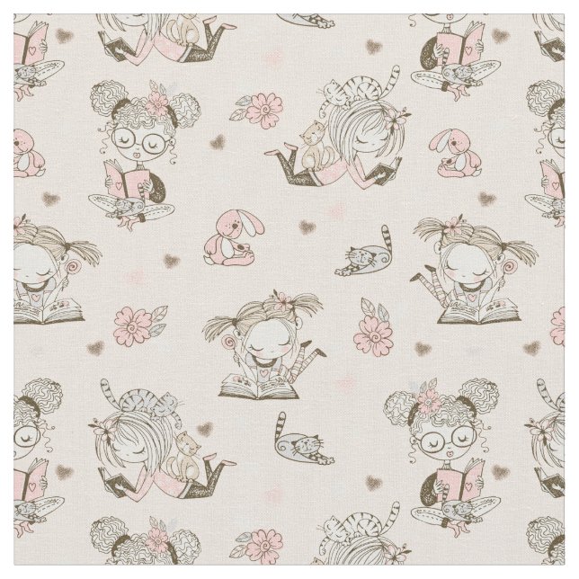 Cute Girls läser Bokar Gift Ideas Tyg (Närbild)