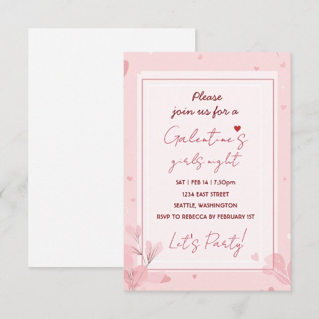 Cute Girls Night Galentine Pink Party Invitation OSA Kort (Fram/baksida)
