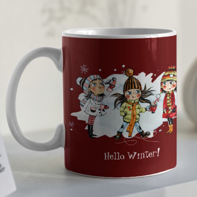 Cute Girls på Vintern med jul Snögubbe Kaffemugg (Skapare uppladdad)