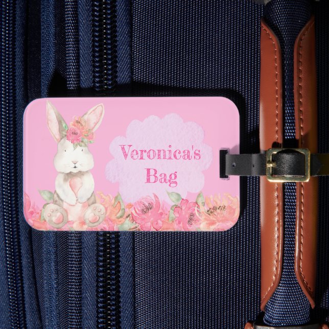 Cute Girls Rosa Bunny Blommigt Kids Vacation Bagagebricka (Framsida Insitu 4)