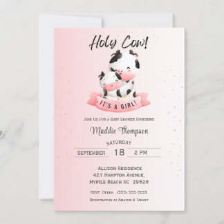Cute Girls Rosa Cow Mamma och Baby Shower Inbjudningar