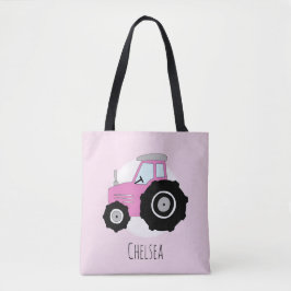 Cute Girl's Rosa Farmer's Tractor med Namn Tygkasse